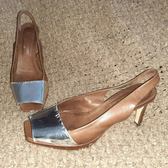 LA CANADIENNE-Brown/Silver Slingback Peep-Toe Heels-Size 36-Excellent Condition - Picture 1 of 7